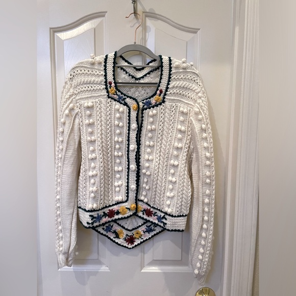 Doen-like Vintage 50’s Bavarian Cardigan with 3D Pompoms and Floral Embroidery L - Picture 2 of 7
